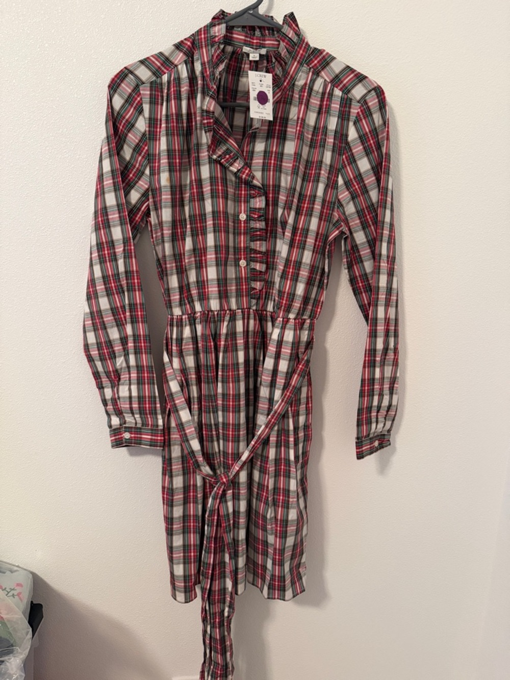 J. Crew Red and Green Plaid Button-Front womens Dress with Waist Tie
